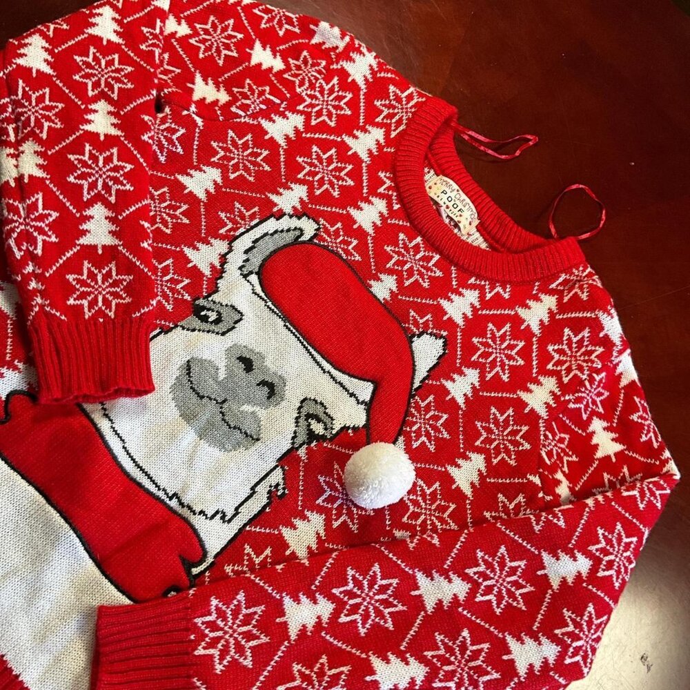 Womens Poof of New York Ugly Red Knit Novelty Llama Christmas Sweater (Small)